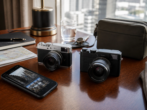 Compact, APS-C and full-frame travel camera kits beside a phone workflow