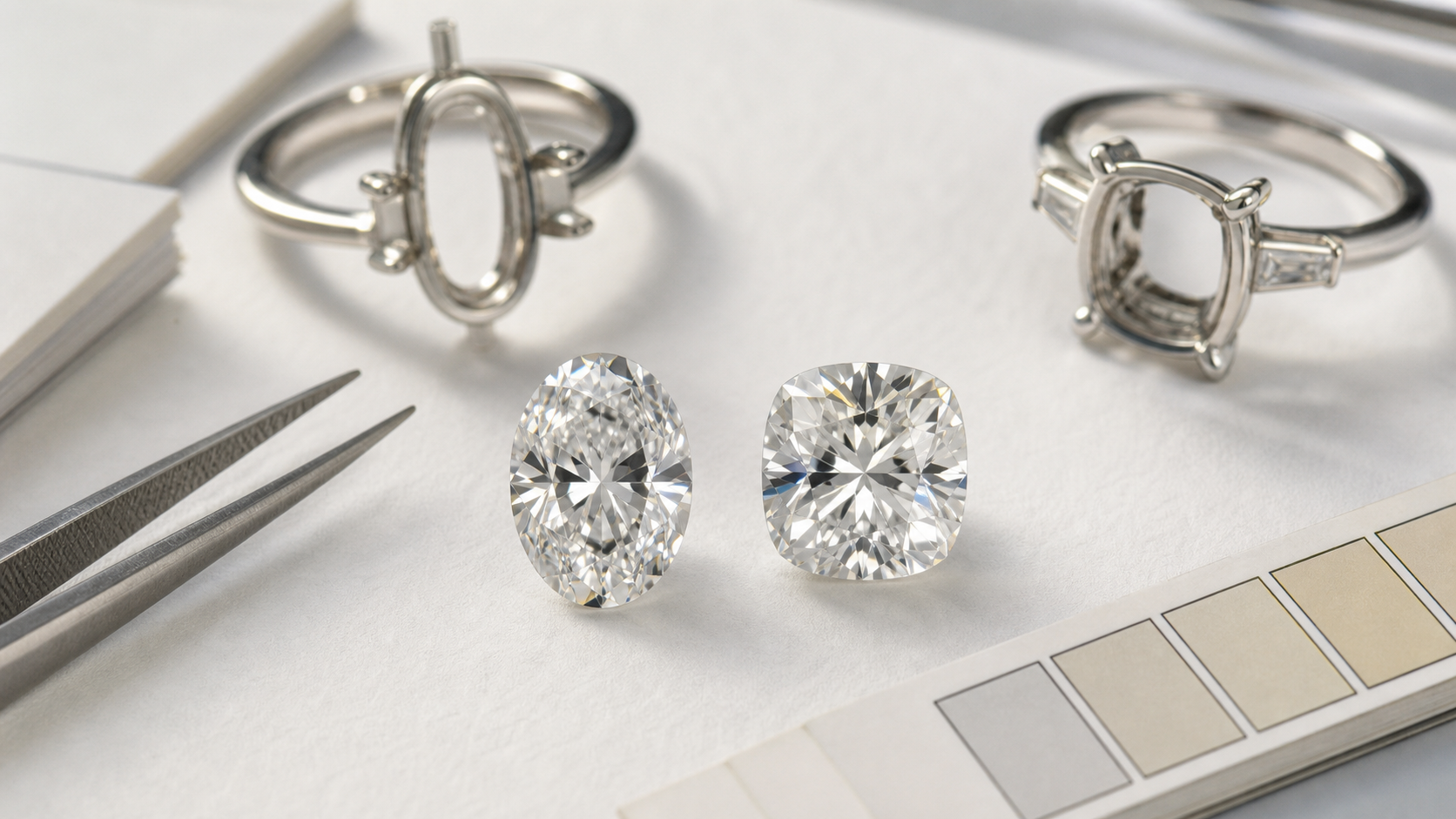 Oval and cushion-cut diamonds compared under neutral jeweller's lighting