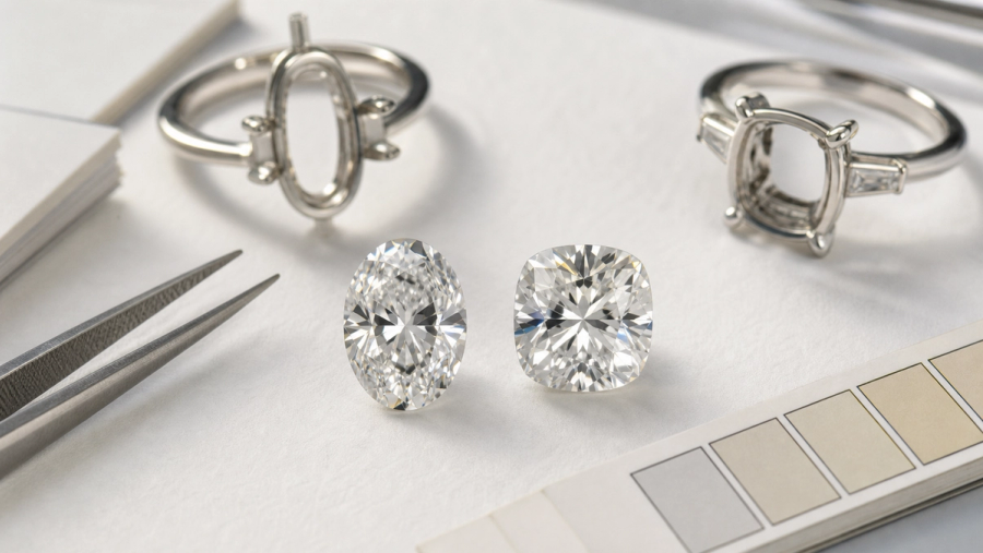Oval and cushion-cut diamonds compared under neutral jeweller's lighting
