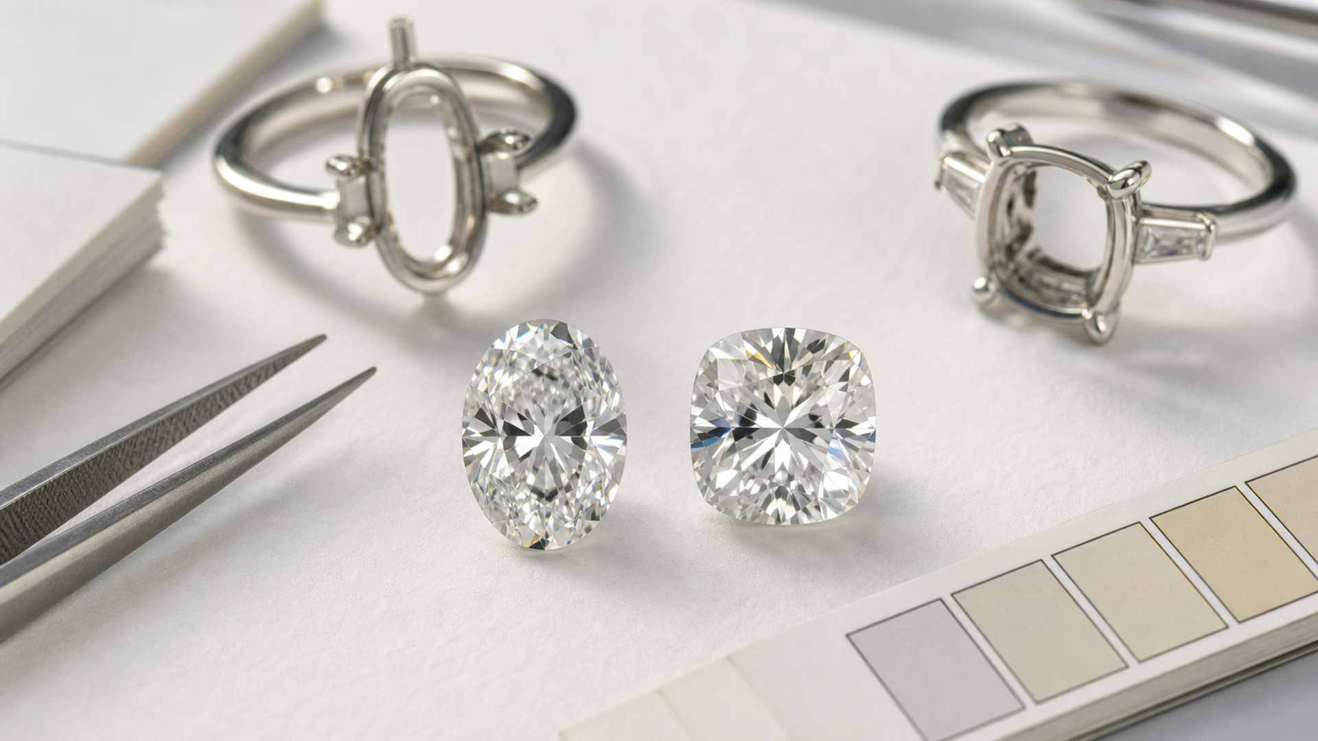 Oval and cushion-cut diamonds compared under neutral jeweller's lighting
