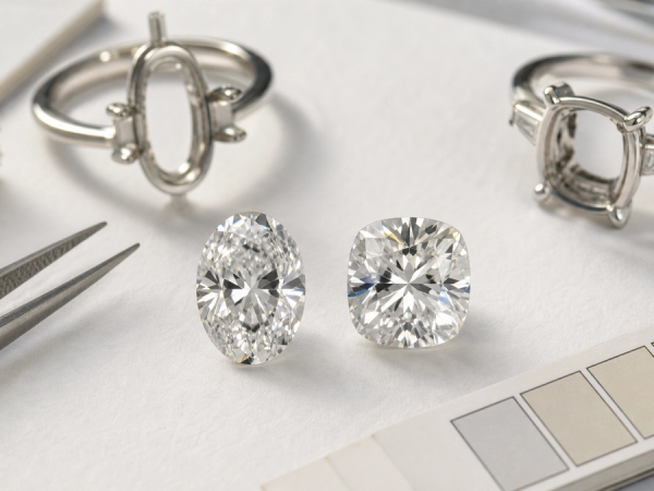 Oval and cushion-cut diamonds compared under neutral jeweller's lighting