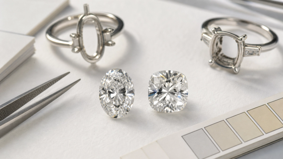 Oval and cushion-cut diamonds compared under neutral jeweller's lighting