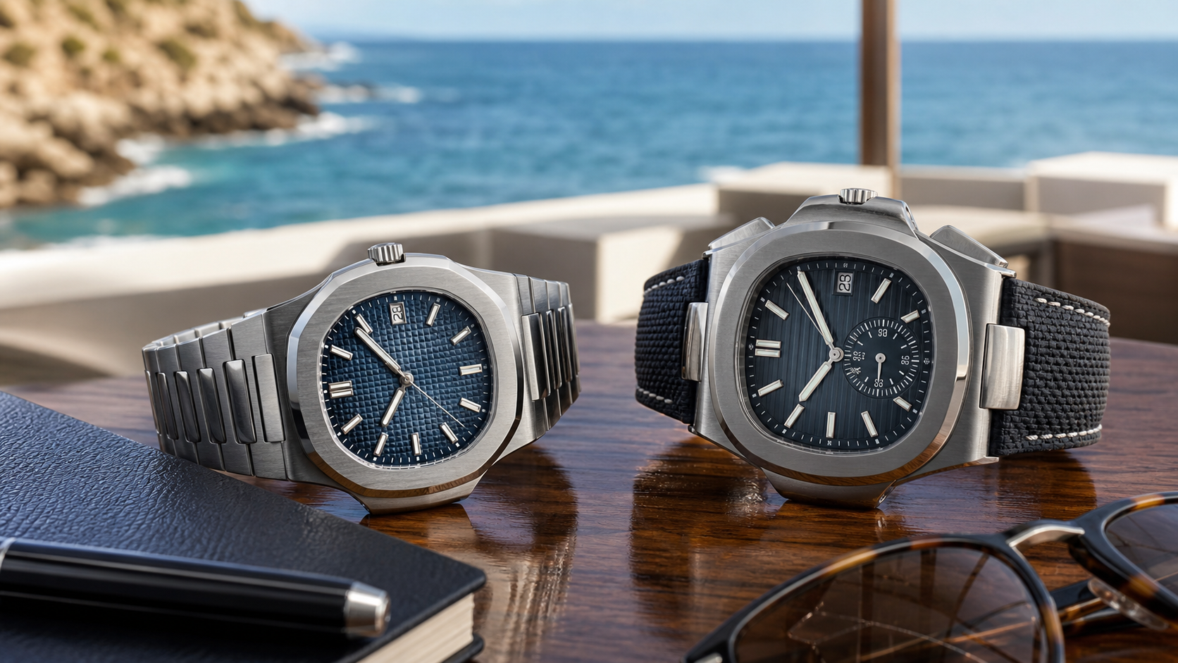 Bracelet and rubber-strap integrated luxury sports watches compared beside a travel notebook