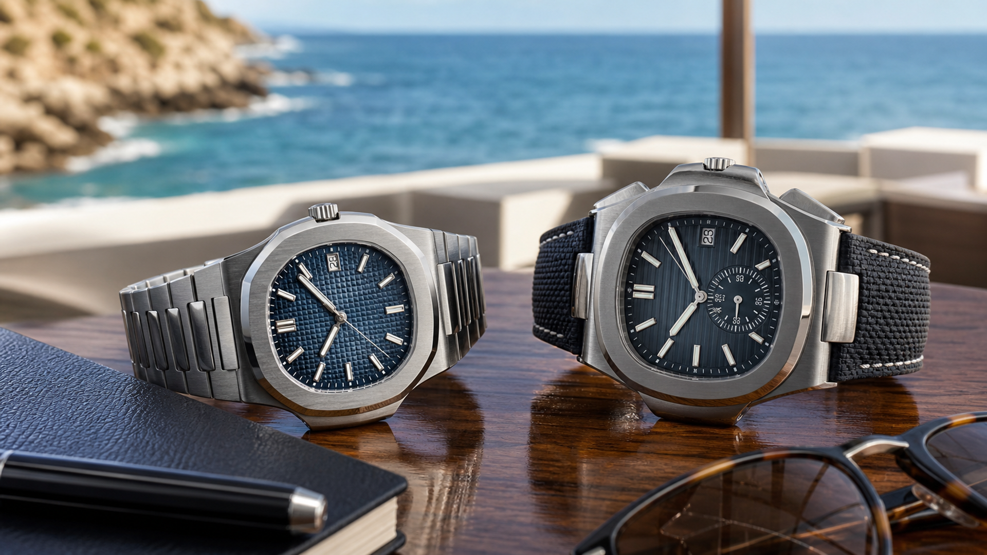 Bracelet and rubber-strap integrated luxury sports watches compared beside a travel notebook