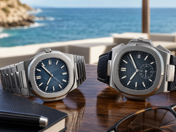 Bracelet and rubber-strap integrated luxury sports watches compared beside a travel notebook