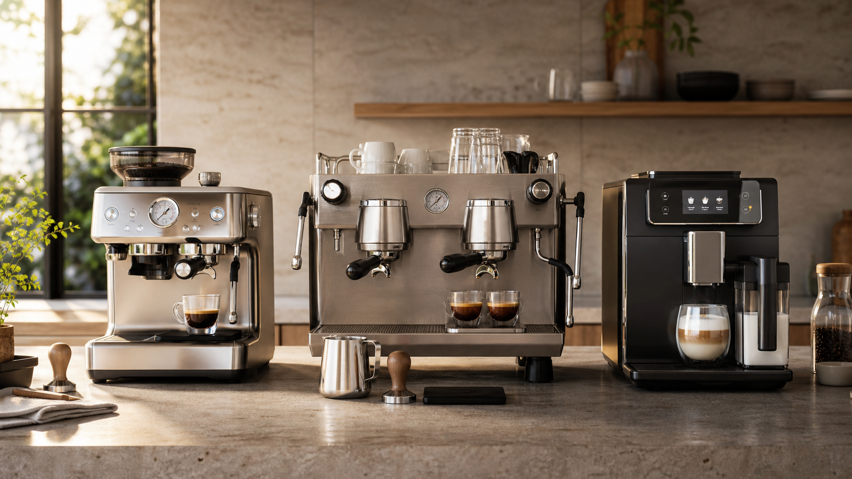 Assisted, dual-boiler and superautomatic espresso workflows on a kitchen counter