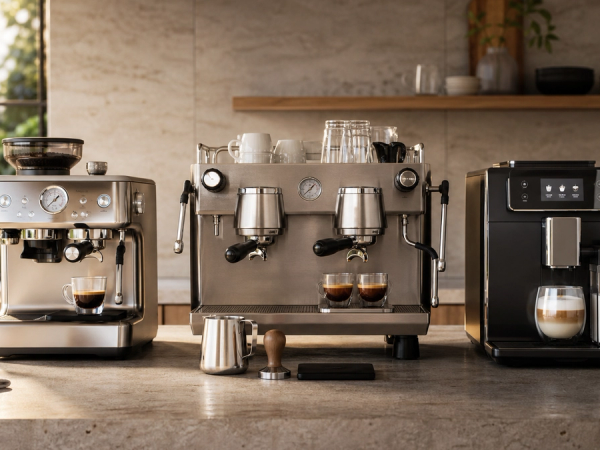 Assisted, dual-boiler and superautomatic espresso workflows on a kitchen counter