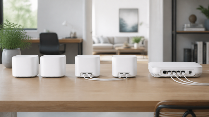 Wi-Fi 7 mesh nodes compared with wireless and Ethernet backhaul paths in a home