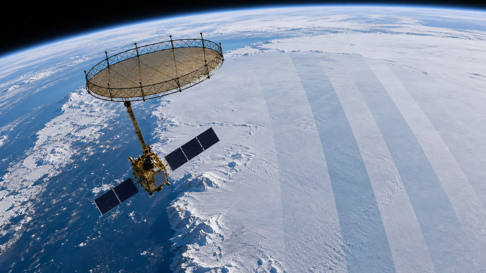 A radar satellite above Antarctica mapping the ice sheet in broad parallel radar swaths