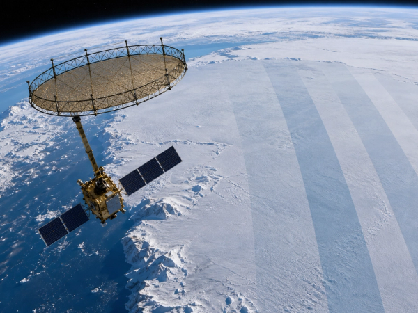 A radar satellite above Antarctica mapping the ice sheet in broad parallel radar swaths