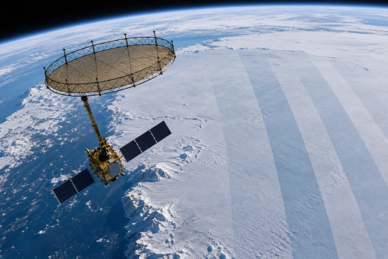 A radar satellite above Antarctica mapping the ice sheet in broad parallel radar swaths