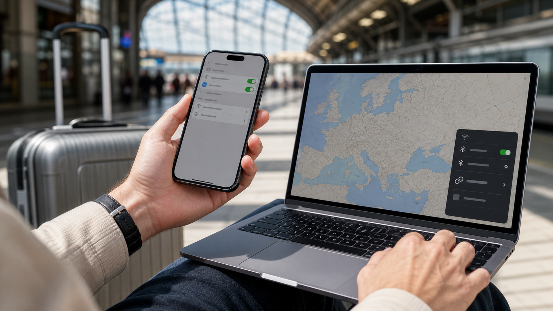 Frequent traveller configuring a Europe eSIM while keeping a home mobile line active