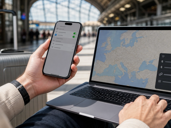 Frequent traveller configuring a Europe eSIM while keeping a home mobile line active
