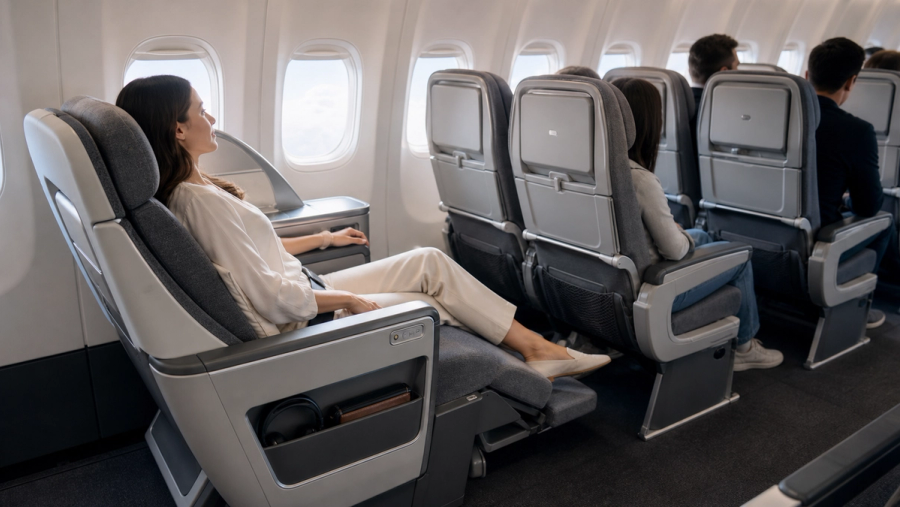 Premium Economy seat with leg rest and extra pitch on a long-haul aircraft