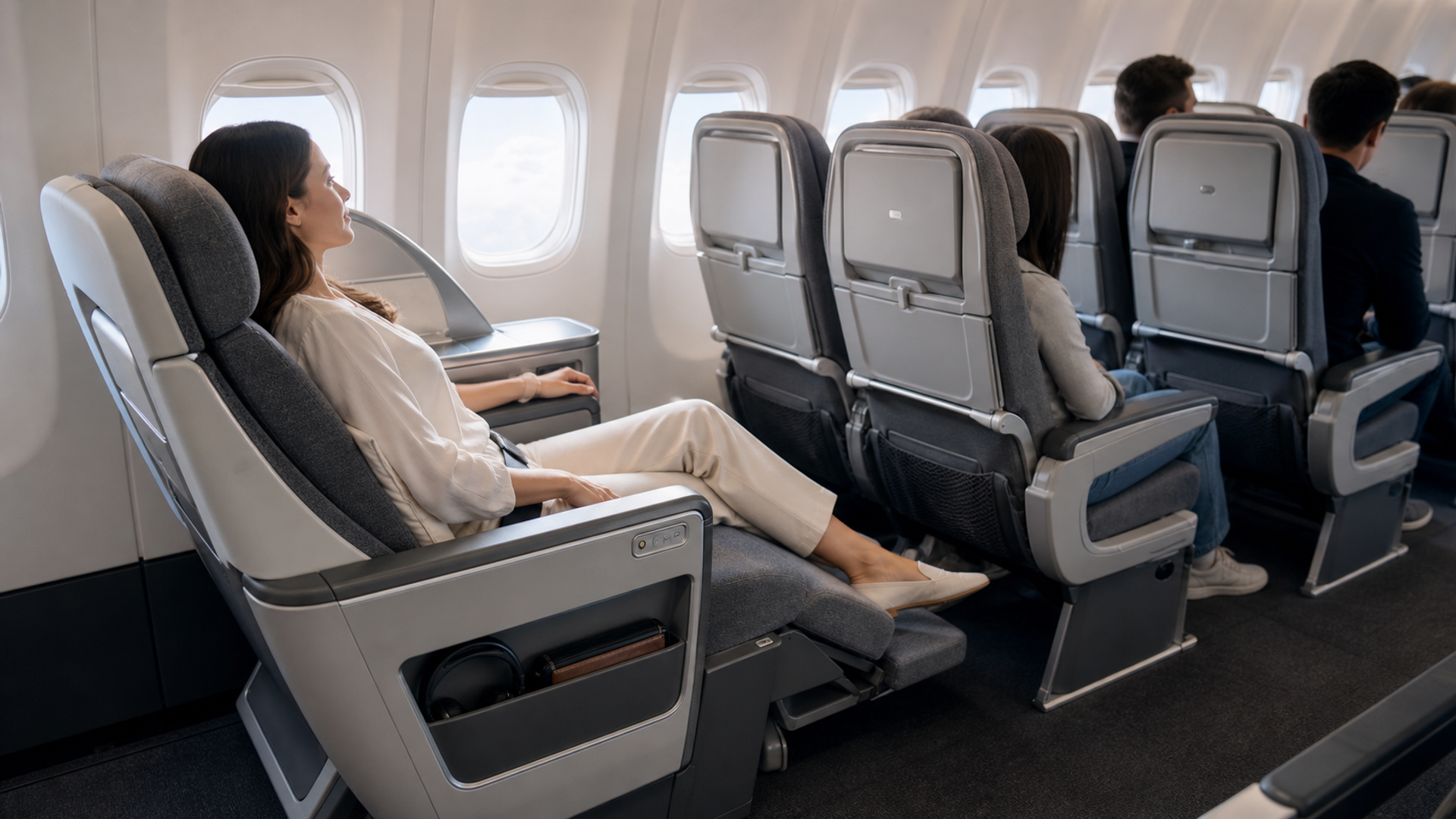 Premium Economy seat with leg rest and extra pitch on a long-haul aircraft