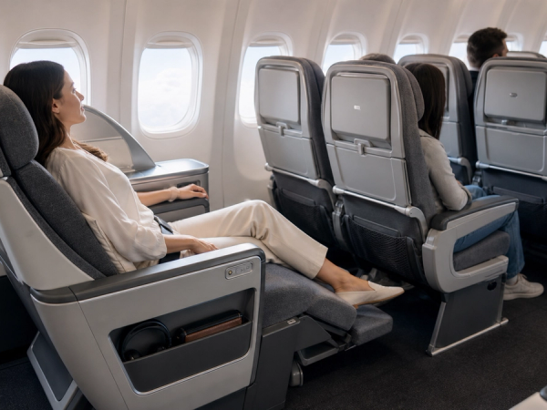 Premium Economy seat with leg rest and extra pitch on a long-haul aircraft