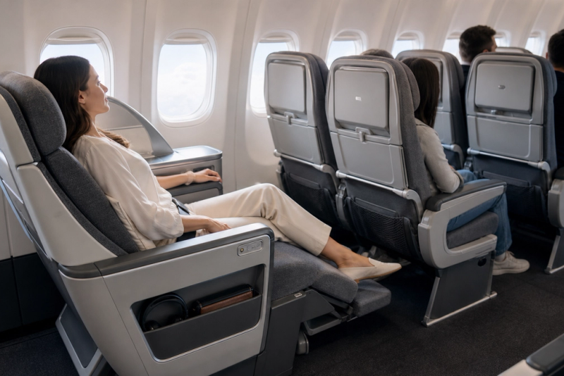 Premium Economy seat with leg rest and extra pitch on a long-haul aircraft
