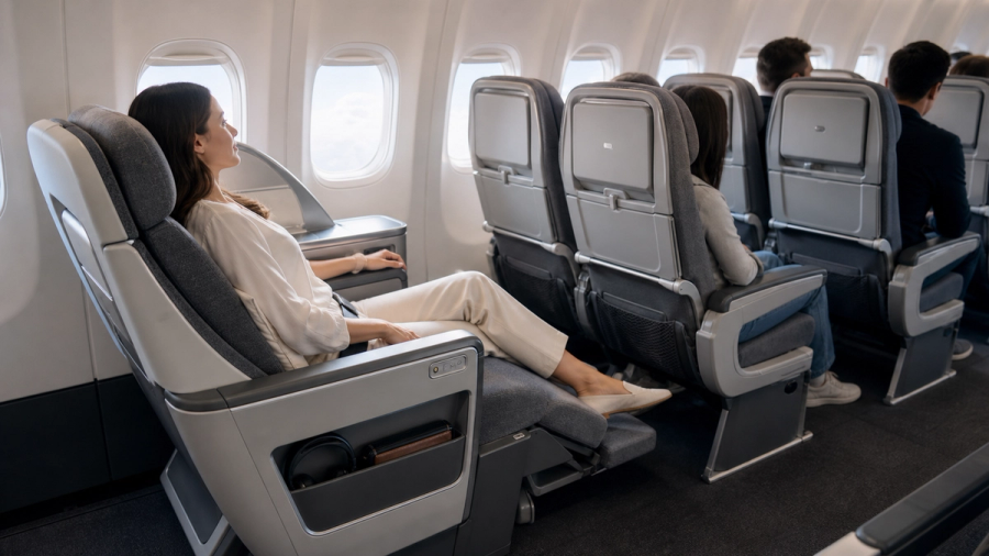 Premium Economy seat with leg rest and extra pitch on a long-haul aircraft