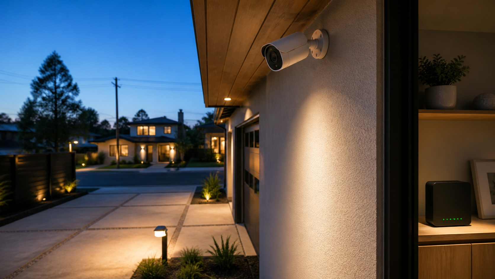 Outdoor security camera covering a driveway with a local network hub inside