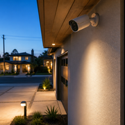 Outdoor security camera covering a driveway with a local network hub inside