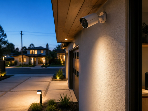 Outdoor security camera covering a driveway with a local network hub inside