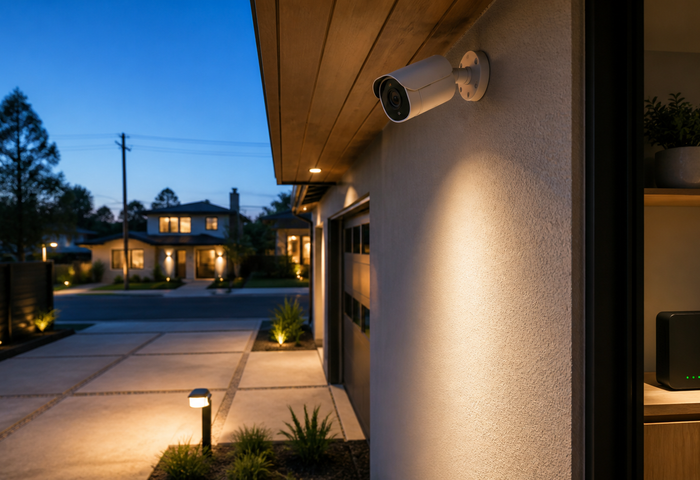 Outdoor security camera covering a driveway with a local network hub inside