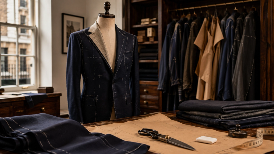 Bespoke suit in progress with paper pattern, fittings and tailoring tools