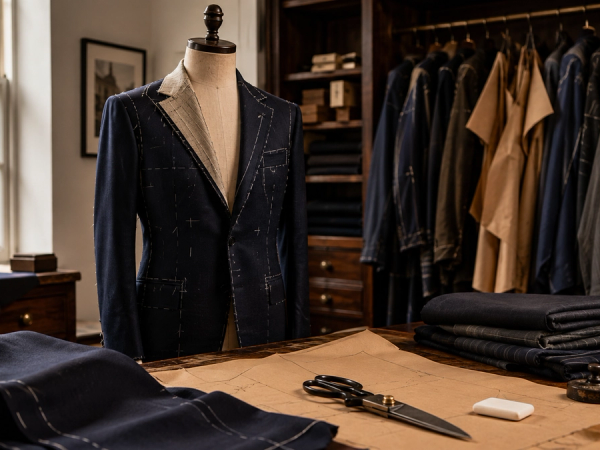 Bespoke suit in progress with paper pattern, fittings and tailoring tools