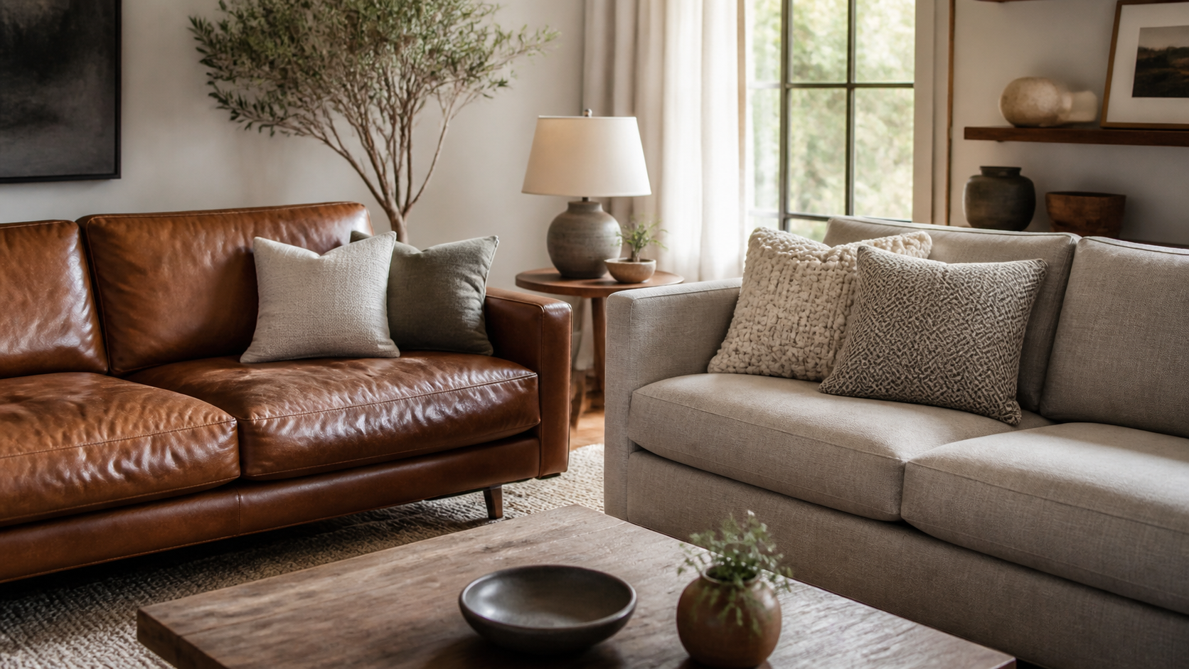 Leather vs Fabric Sofa shown as a practical side-by-side comparison