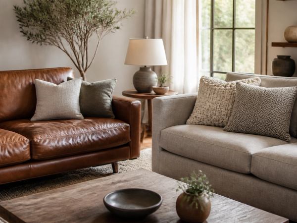 Leather vs Fabric Sofa shown as a practical side-by-side comparison