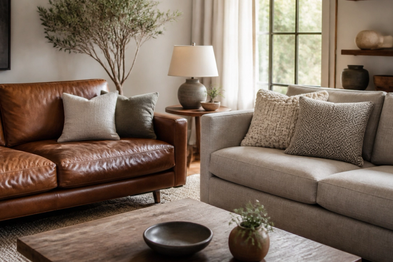 Leather vs Fabric Sofa shown as a practical side-by-side comparison