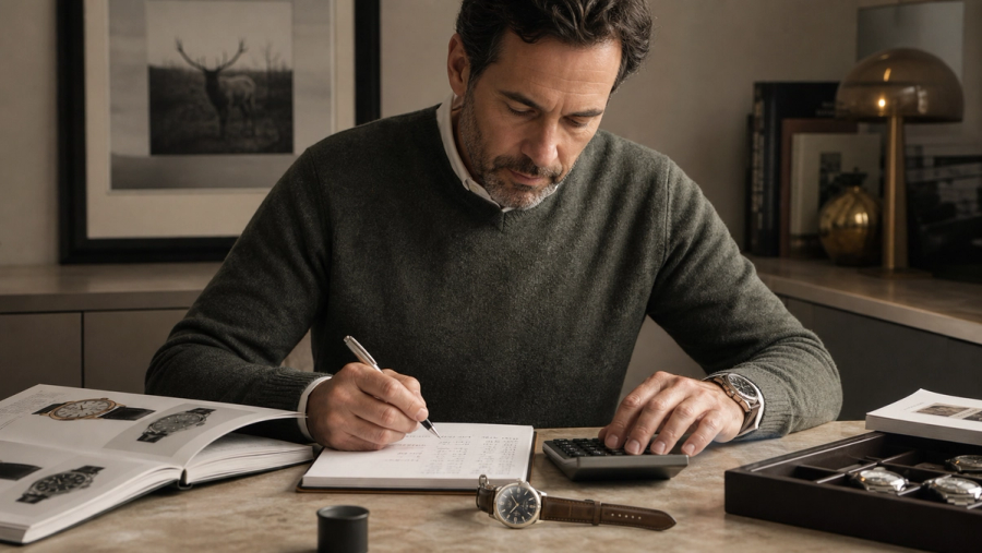 Watch collector calculating auction premium, tax, service and insurance beside a catalogue and timepiece