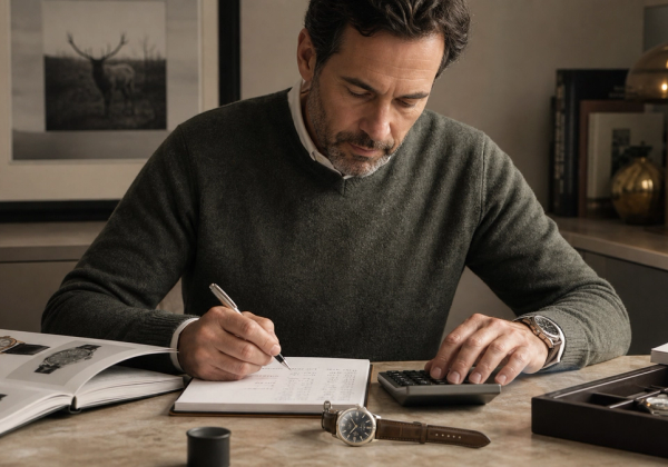 Watch collector calculating auction premium, tax, service and insurance beside a catalogue and timepiece