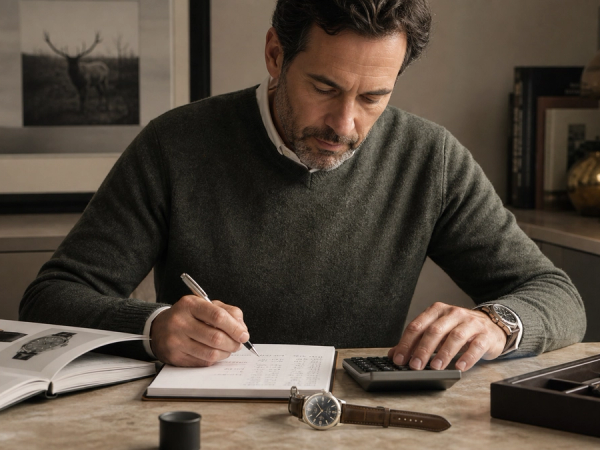 Watch collector calculating auction premium, tax, service and insurance beside a catalogue and timepiece