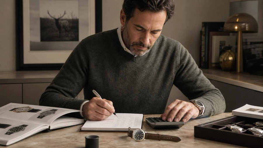 Watch collector calculating auction premium, tax, service and insurance beside a catalogue and timepiece