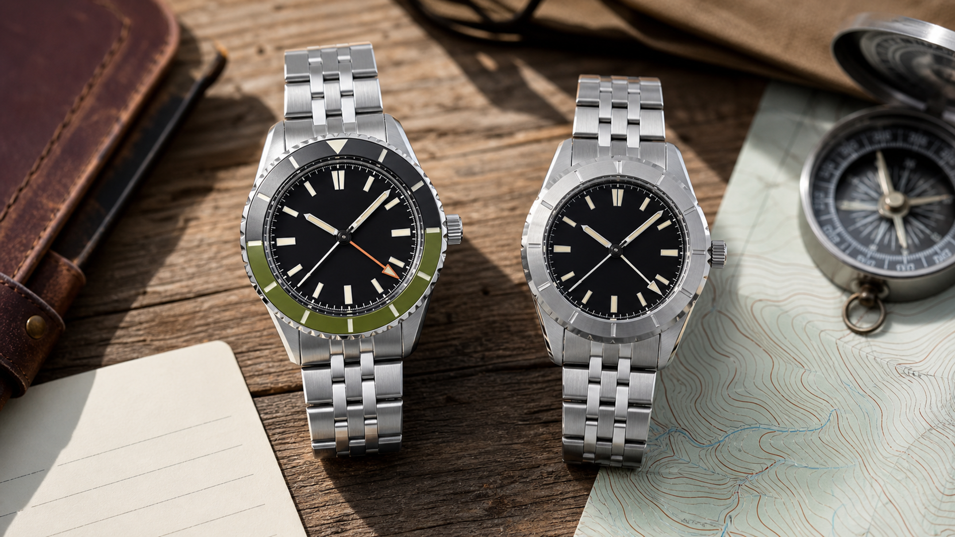 Rotating-bezel and fixed-bezel dual-time watches compared for travel and expedition use
