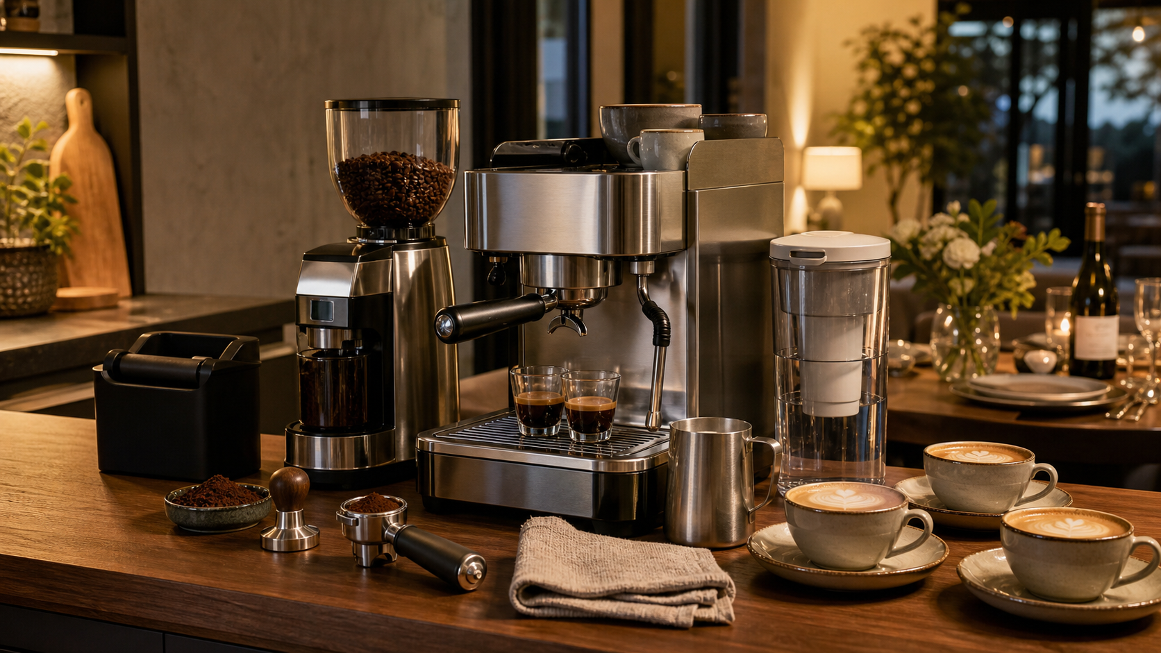 Espresso setup arranged for a small gathering