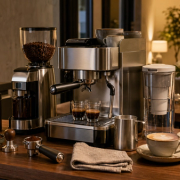 Espresso setup arranged for a small gathering