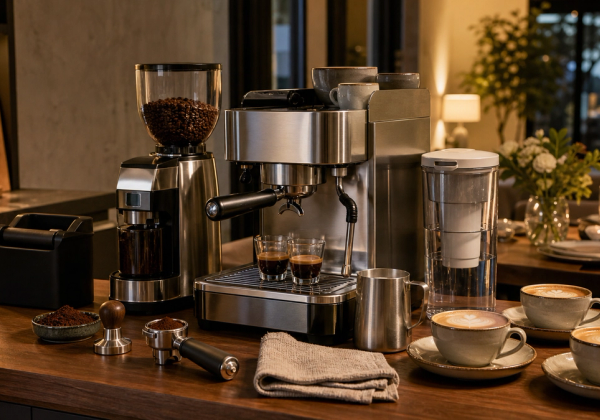 Espresso setup arranged for a small gathering