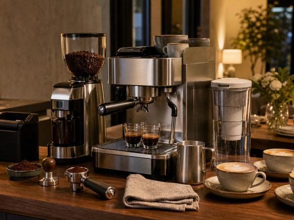 Espresso setup arranged for a small gathering