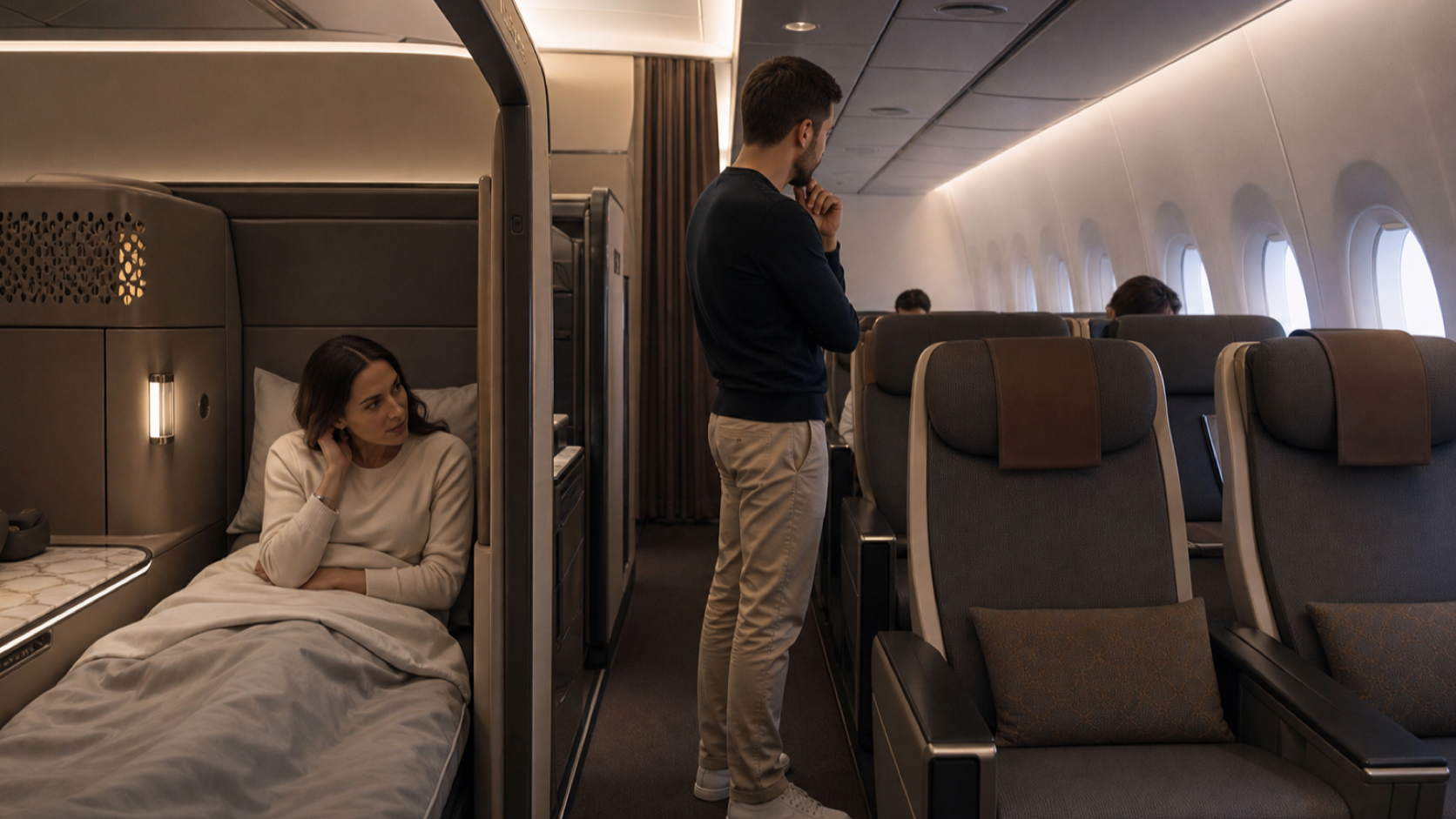 Wide-body and narrow-body Saudia business-class layouts compared for privacy and sleep