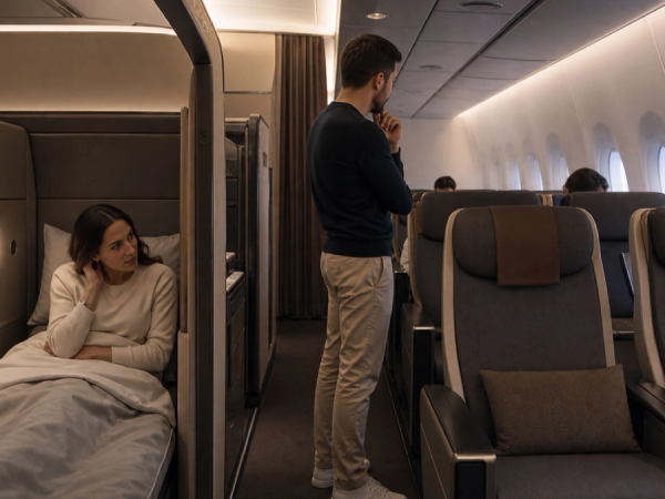 Wide-body and narrow-body Saudia business-class layouts compared for privacy and sleep