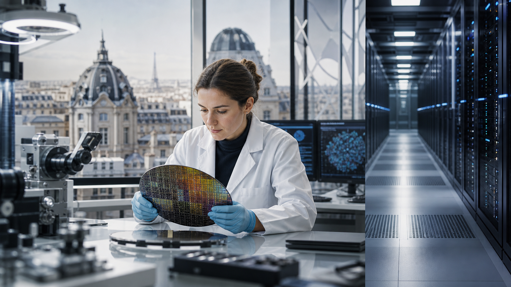 A European AI research workspace linked visually to advanced semiconductor fabrication and secure enterprise cloud infrastructure