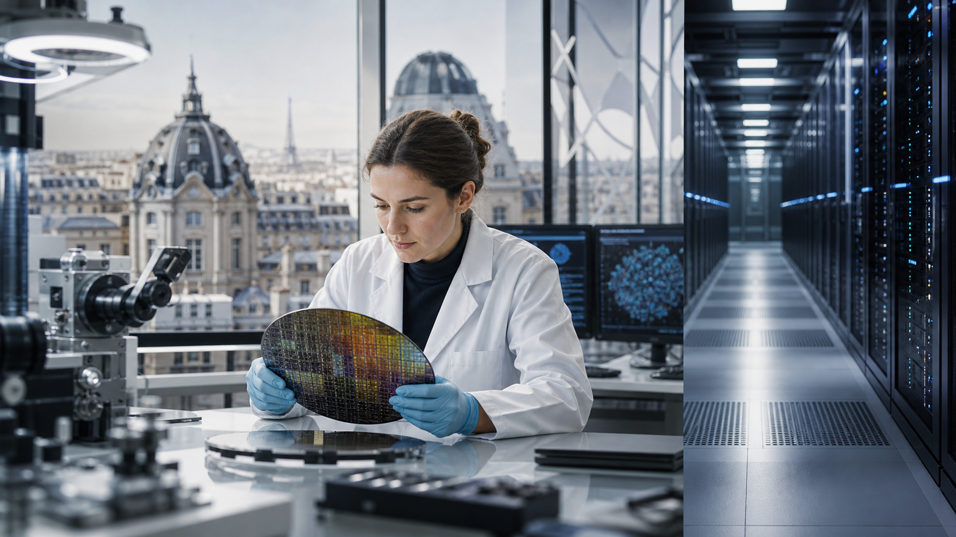 A European AI research workspace linked visually to advanced semiconductor fabrication and secure enterprise cloud infrastructure
