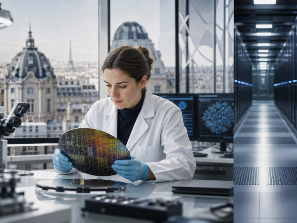 A European AI research workspace linked visually to advanced semiconductor fabrication and secure enterprise cloud infrastructure