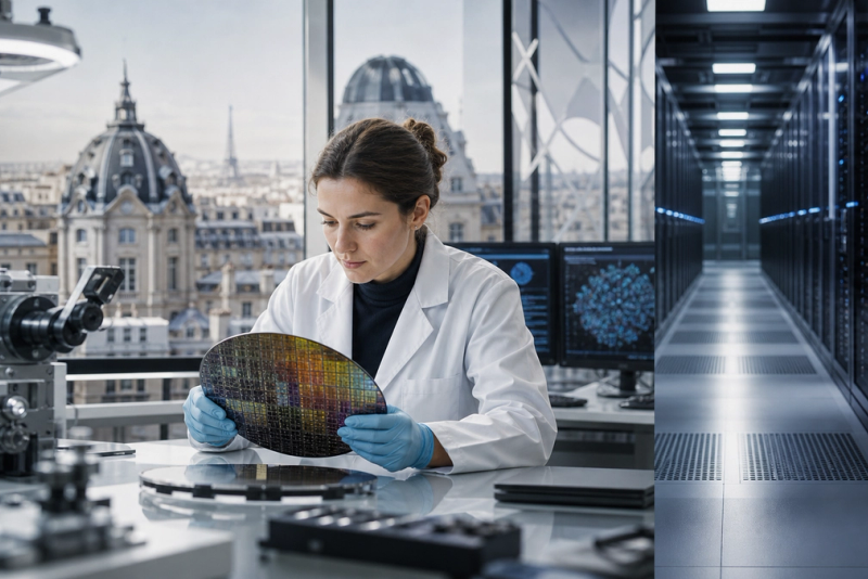 A European AI research workspace linked visually to advanced semiconductor fabrication and secure enterprise cloud infrastructure