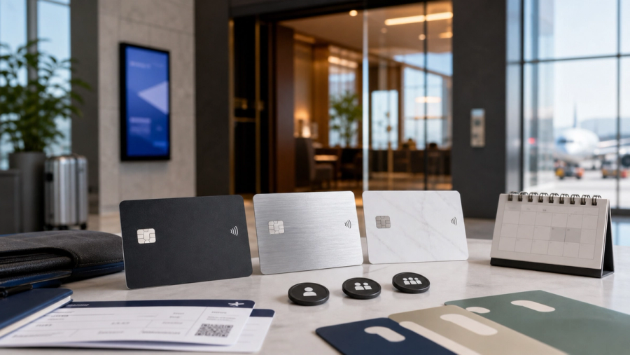 Unbranded payment cards, guest passes and a travel calendar used to compare lounge access