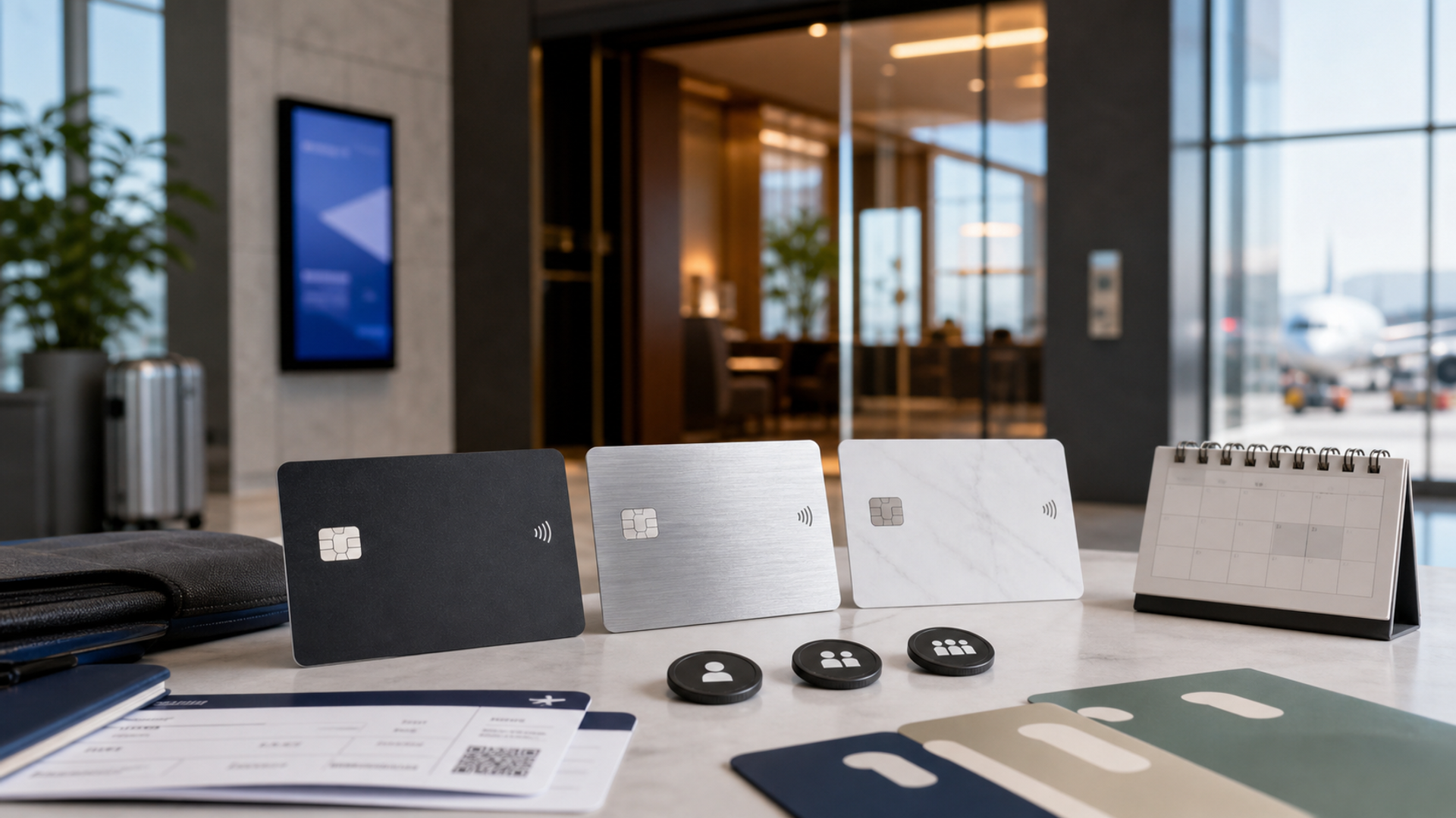 Unbranded payment cards, guest passes and a travel calendar used to compare lounge access