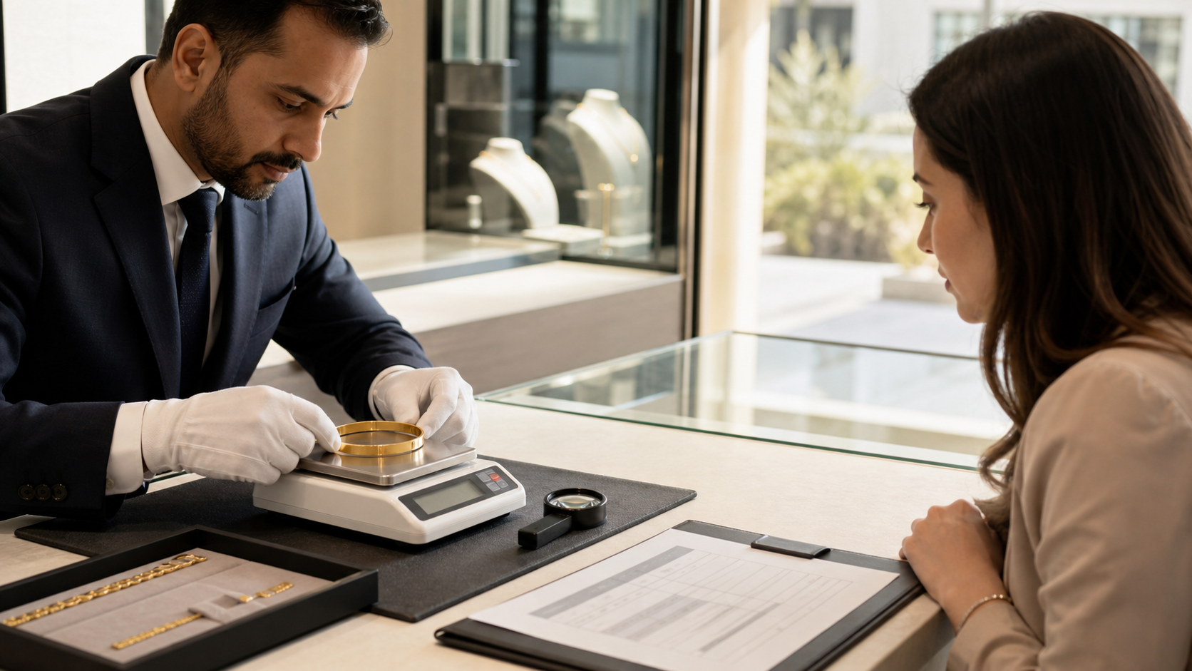 Jeweller weighing a gold bracelet beside hallmark tools and an itemised purchase sheet