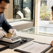 Jeweller weighing a gold bracelet beside hallmark tools and an itemised purchase sheet